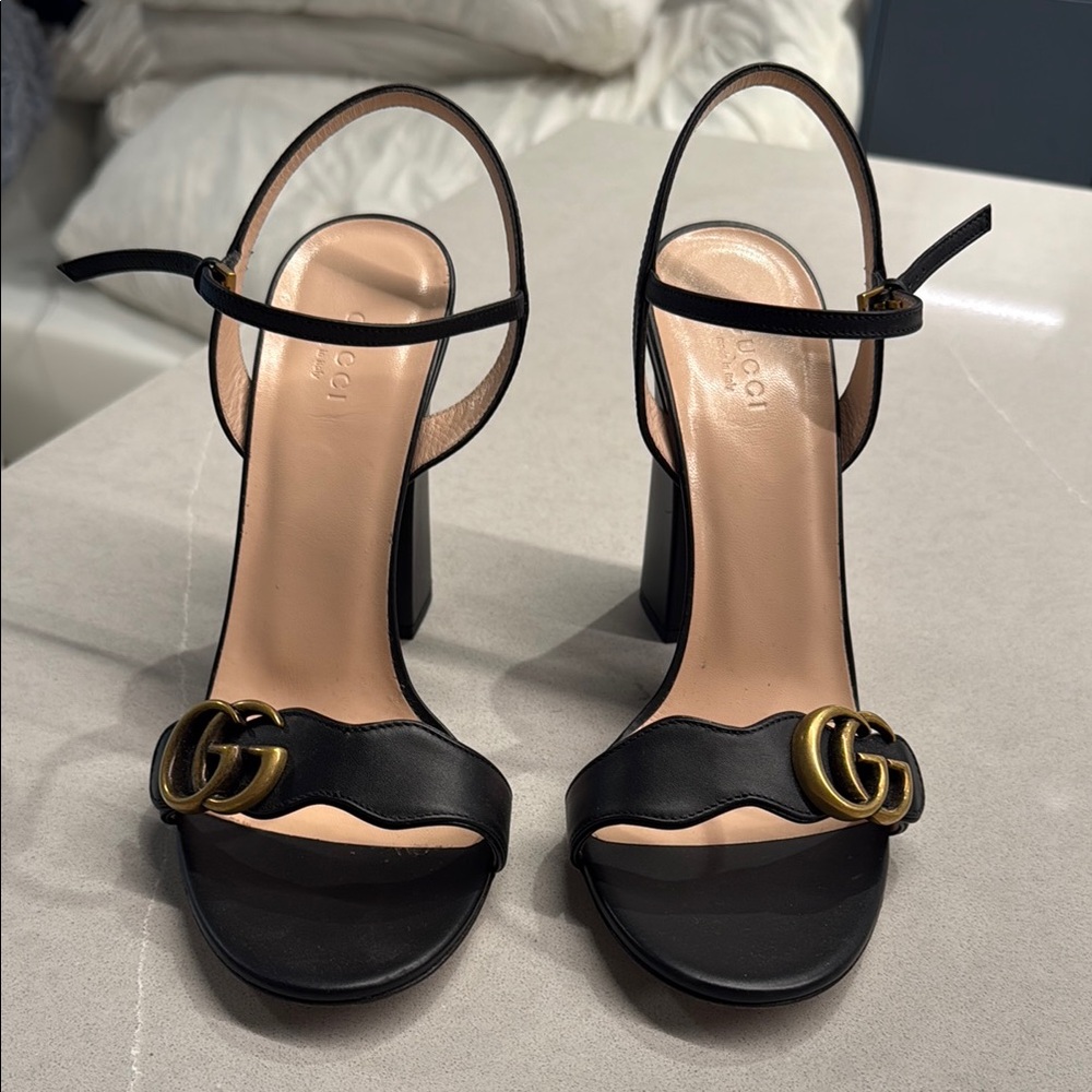 Gucci Black Sandals with Gold Accents